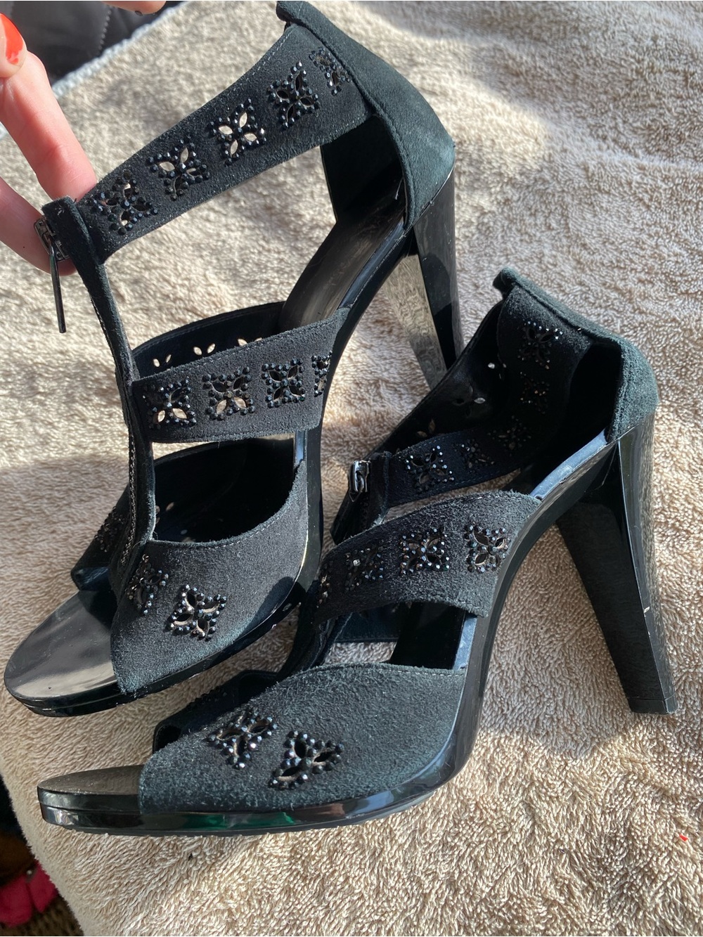 MICHAEL Michael Kors Berkley Floral Cutout Suede T-Strap Heels - Black 8